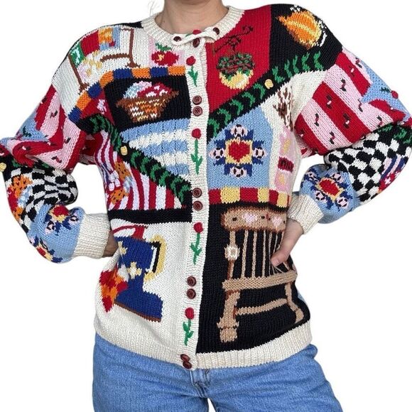 Vintage 90s Eagles Eye Sweater Americana Patriotic Flag Handknit Cardigan Medium - Picture 1 of 12